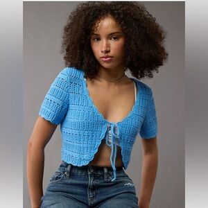 EUC American Eagle Tie Front Short Sleeve Cropped Blue Knit Cardigan 100% Cotton